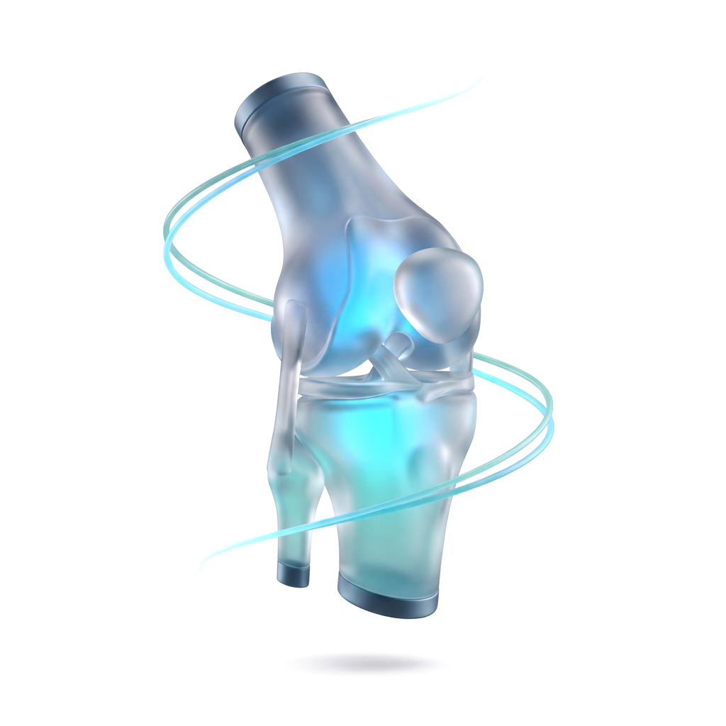 Rodilla de vidrio envuelta por un filamento de luz cian